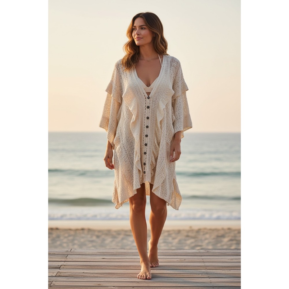Free People FP Beach Cream Ruffle Sleeve Crochet‎ Trim Open Cardigan L/XL